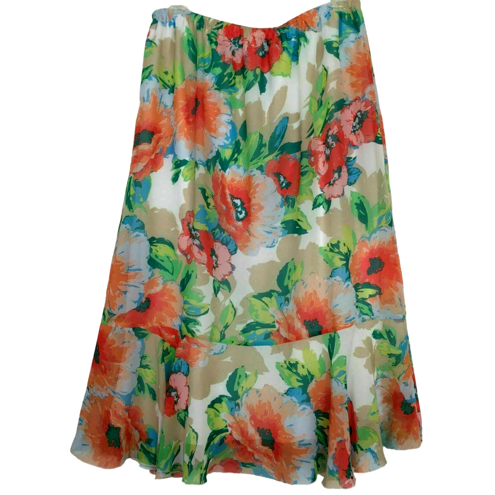 BonWorth Floral Petite Skirt PM Blooming Flowers Ruffle Hem Elastic Waist Lined
